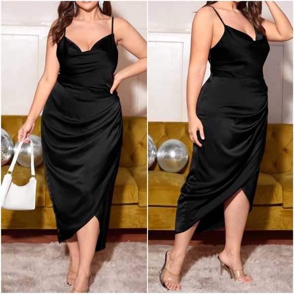 Plus Satin Formal Evening Black Tie Cami Dress - Picture 2 of 8